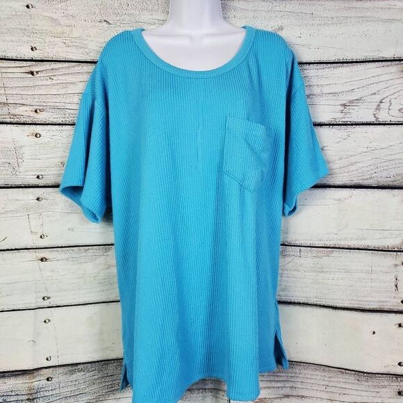 Andrée by Unit Women’s Plus 2X Blue Waffle Knit Short Sleeve Top - Picture 1 of 7